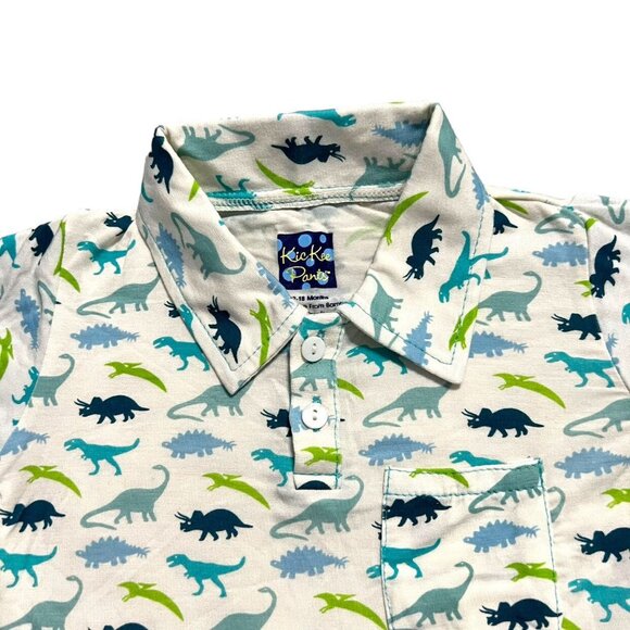 NEW Kickee Pants 12-18m Bamboo Dinosaur Dino Print Layered Polo Shirt - Picture 2 of 7